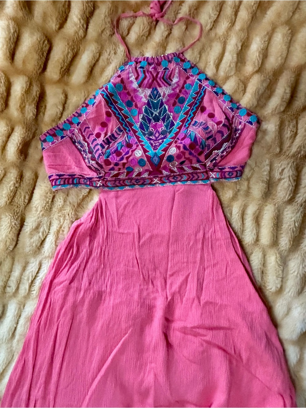 Embroidered Pink Halter Linen Maxi Dress